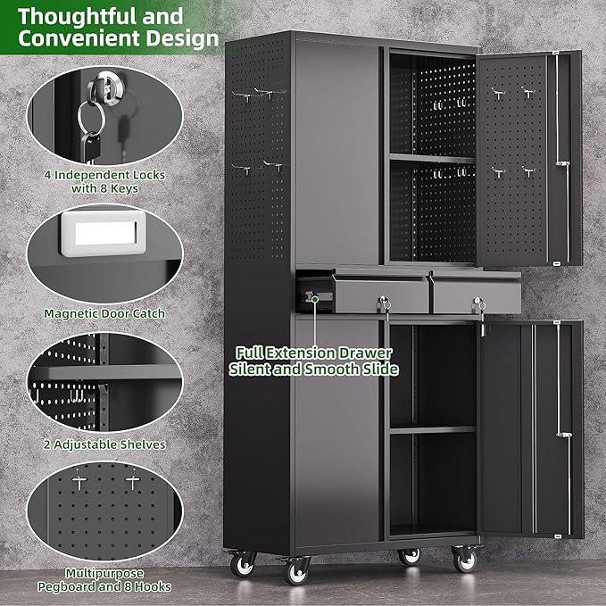 Aobabo Garage Storage Cabinet with Wheels, Metal Tool Storage Cabinet with 2 Drawers for Garage Home,Assembly Required,Black