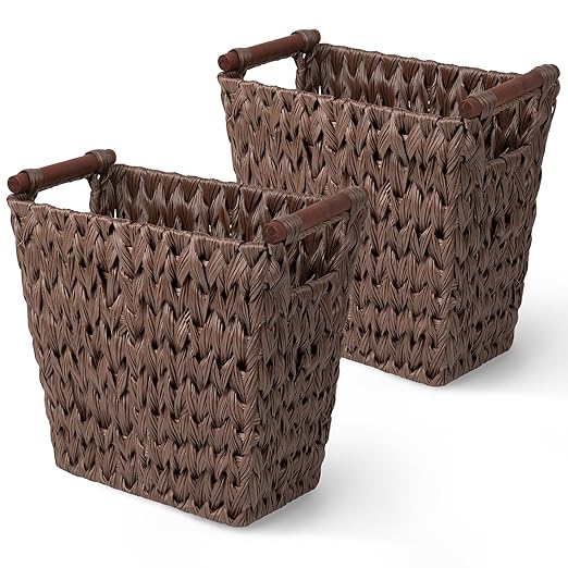 GRANNY SAYS Woven Trash Basket, Brown Wastepaper Basket with Handles, Wicker Bathroom Trash Can for Dorm Laundry Room, 2-Pack, 13" x 7 ½" x 12 ½"