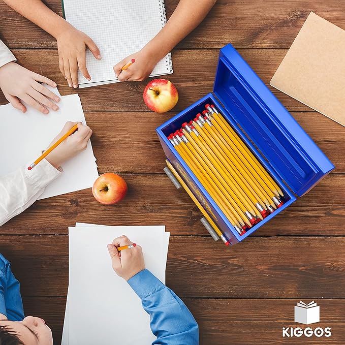 Pencil Dispenser Holder Blue Stainless Steel Dispenser for Pencils with 6 Beautiful Stickers for Decoration Metal Pencil Dispenser for Classroom Home Office Teachers Students (Pencils Not Included)