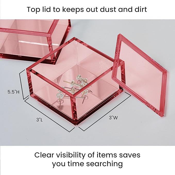 OfficeGoods 3-Tier Stackable Acrylic Holder- Stylish Desk Organizer and Storage for Office or Home – Transparent Square Design, Pink with Silver Metal Base