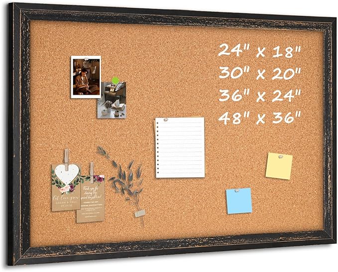 Cork Board Bulletin Board, 30" x 20" Corkboard for Wall, Rustic Black Wooden Frame, Decorative Hanging Pin Board for Home Office Room Decor, 10 Push Pins