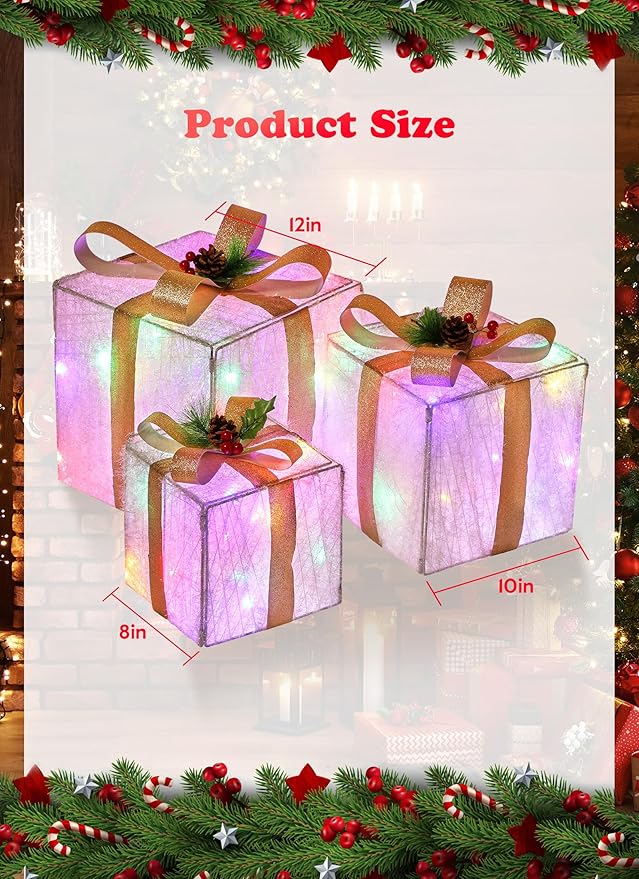 Set of 3 Christmas Decorations Lighted Gift Boxes with Bows，12" 10" 8" with 60 Pre-Lit Mini String Lights，Foldable LED Xmas Present Boxes for Tree Indoor Outdoor Holiday Party Yard Home Decor