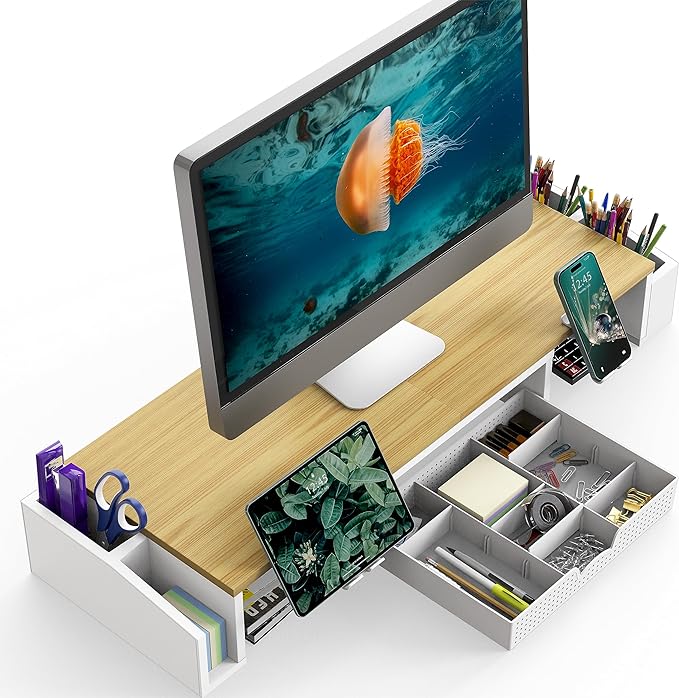 Simple Houseware Desk Dual Monitor Stand Riser with Drawer, Oak