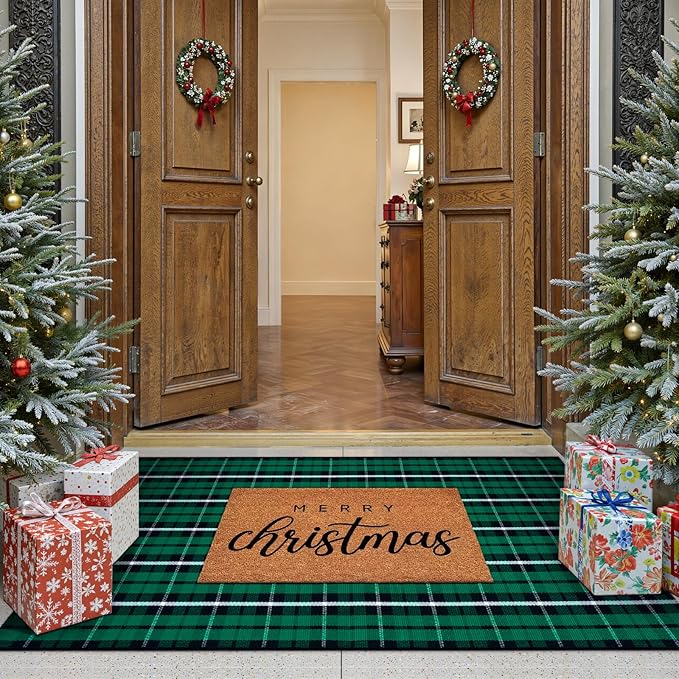 KIMODE Christmas Doormat Outdoor 3x5, Black and Green Buffalo Plaid Checkered Outdoor Rug, Washable Farmhouse Cotton Woven Door Mat Outside Entrance for Front Porch Entryway Patio Decor