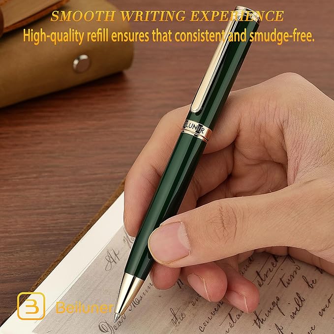BEILUNER Luxury Gel Pen with 24K Gold Finish, Green Piano Lacquer, Luxury Grade Craftsmanship, Fancy Pen Gift Set for Men and Women, Graduation Gift, Executive, Office, Retractable, Nice Pen Set