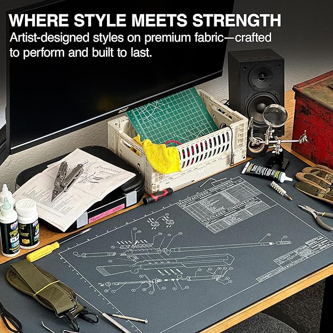 MPCO. Blueprints Large Gaming Desk Pad - 36" x 17" Duraglyde Fabric Browning 50 Cal – Blue Desk Mats - Non-Slip, Washable, Smooth Glide for Precision Gaming & Work