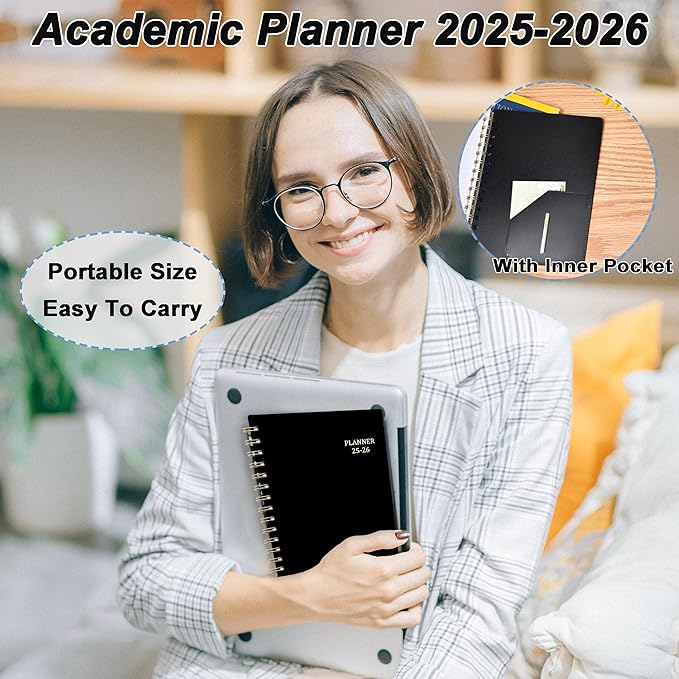 Daily Planner 2025-2026, 6.1" x 8.3", Jul.2025-Jun.2026, 2025 Planner Weekly and Monthly, Calendar 2025 with Tabs & Pocket, 100GSM Thick Paper, Black