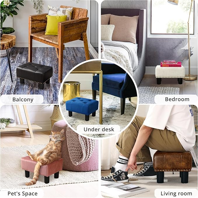 LUE BONA Small Tufted Foot Stool, Black Rivet Faux Leather Footrest with Plastic Legs, 9''H, Rectangle Foot Stools for Adult with Non-Slip Pads, Sofa Footstool for Living Room, Couch