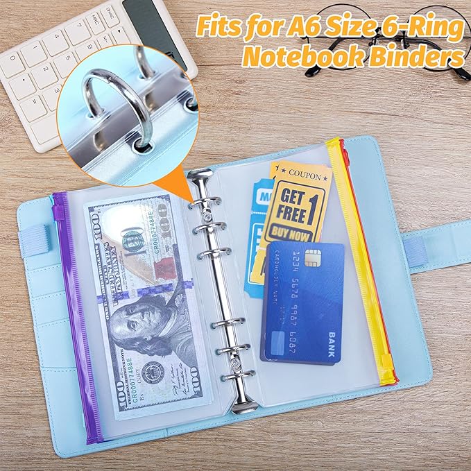 Antner 50PCS A6 Binder Pockets 6-Hole Budget Binder Inserts, 10 Assorted Color Zipper Pouch Folders Cash Stuffing Envelopes for Budgeting, Loose Leaf Filling Bags Money Organizer for A6 6-Ring Binders