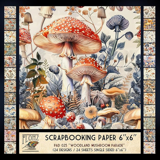 FLONZ Scrapbook Paper (24 sheets 6"x6") Woodland Mushroom Parade ~ A whimsical array of stylized mushrooms illustrated in delicate vintage botanical technique with soft earthy tones storybook charm