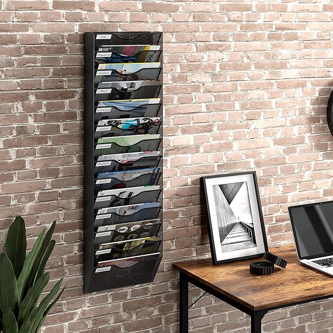 14 Tier Hanging Wall File Holder, Metal A4 Wall Mounted Document Holder, Vertical Hanging Mail Organizer, Magazine Storage Rack with Tray for Office Home Classroom, Black