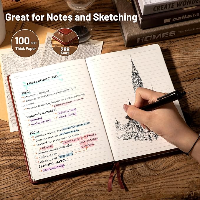 CAGIE Compass Leather Notebook Journal for Men, 100 GSM 288 Pages Lined Journals for Writing, A5 Hardcover Journaling Notebooks Gift Set with Pen for Travel Office Daily Writing