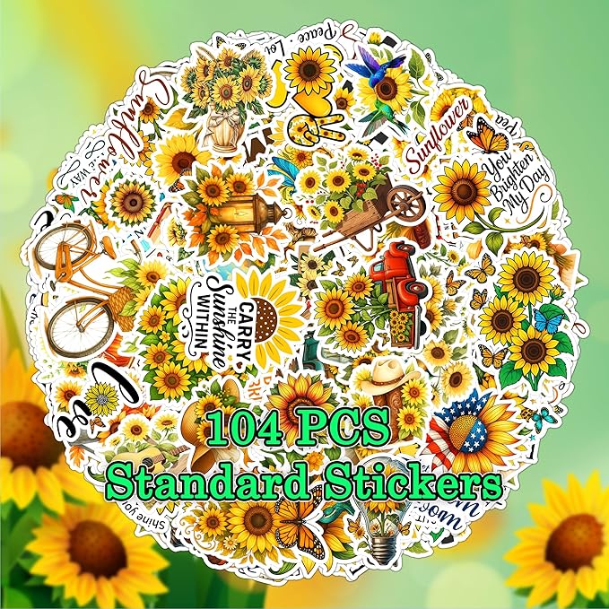 107 PCS Sunflower Stickers Pack, Floral Vinyl Waterproof Decals with Sunflowers Hummingbirds Butterflies, Gift for Kids Teens Adults Boys Girls Birthday Christmas Laptop Water Bottle Scrapbook