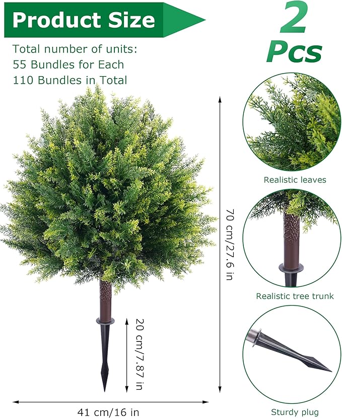 28inch Artificial Cedar Christmas Tree, Norfolk Pine Tree. 2 Sets Faux Cypress Topiary with Spikes Outdoor Christmas Tree Front Porch Decor, Fake Shrubs Planters, Christmas Pot fillers urn Filler