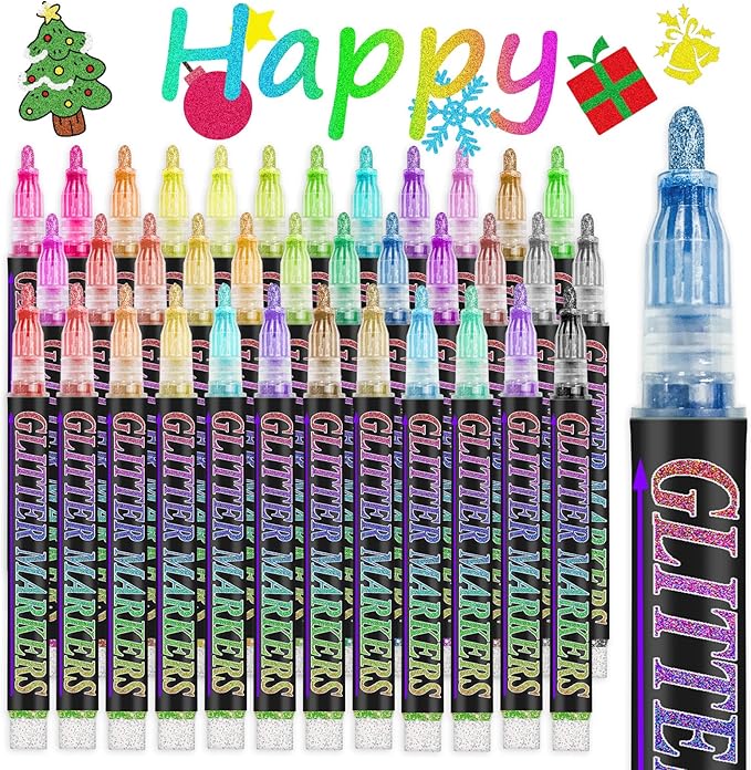 Glitter Marker Pens, 36 Colors Metallic Shimmer Paint Pens, Art Markers for Kids Adults DIY Crafts Greeting Birthday Cards Making Poster Album Scrapbooking Wood