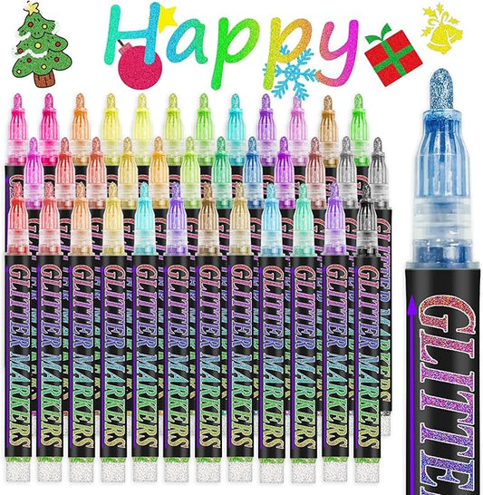 Glitter Marker Pens, 36 Colors Metallic Shimmer Paint Pens, Art Markers for Kids Adults DIY Crafts Greeting Birthday Cards Making Poster Album Scrapbooking Wood