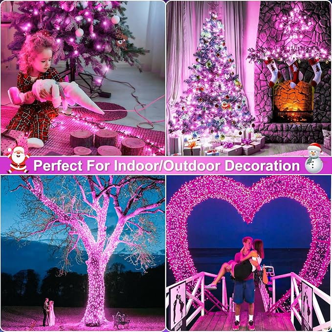2 Pack Christmas Lights Outdoor, Total 200FT 600LED String Lights for Outside with 8 Modes Waterproof, Green Wire Twinkle Tree Lights for Indoor Room Patio Garden Party Decorations, Pink