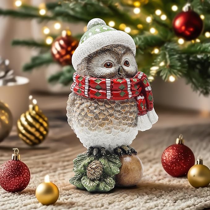 Christmas Owl Figurines for Holiday Decorations, Xmas Owl Statues Decor for Shelf Table Bookshelf Office Home Decor,Winter New Year Decoration -Indoor Christmas Statue Owl Gifts for Bird Lovers Women