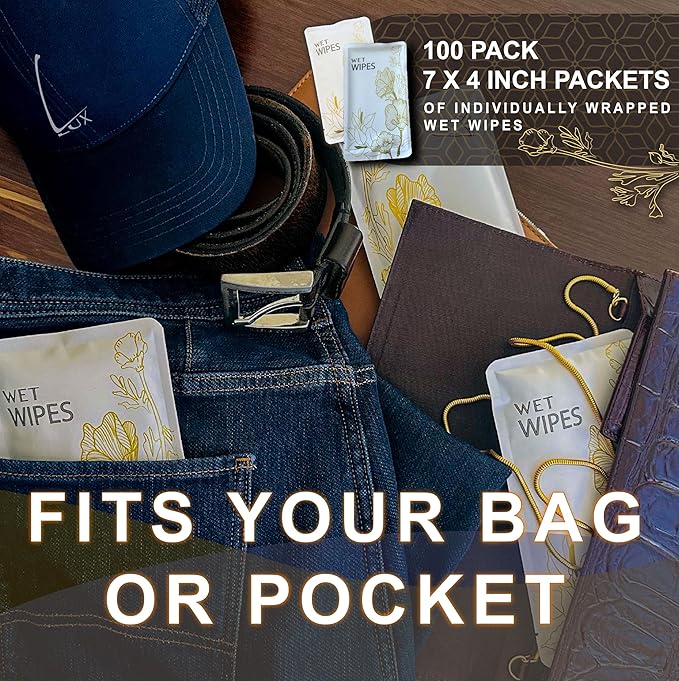 Luxury Wet Wipes, 100 Individually Wrapped Microfiber Textured Non-Scented Personal Hygiene Cleansing Wipes for women and men. Clean and refresh at the gym, camping, outdoors, and sporting events.