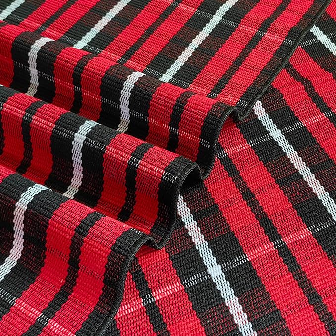Buffalo Plaid Outdoor Rug, 3' x 5' Christmas Red & Black Check Indoor/Outdoor Area Rug, Layering Rug for Hello/Welcome Door Mat, Machine Washable Cotton Woven Farmhouse Mat for Front Porch Décor