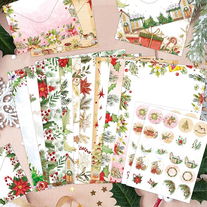 160pcs Christmas Stationery Paper and Envelope Set, 50 Sheets Christmas Holiday Letterhead Paper 50 Matching Envelopes 60 Stickers， Falling Holly Xmas Writing Paper for Winter & Holiday Events