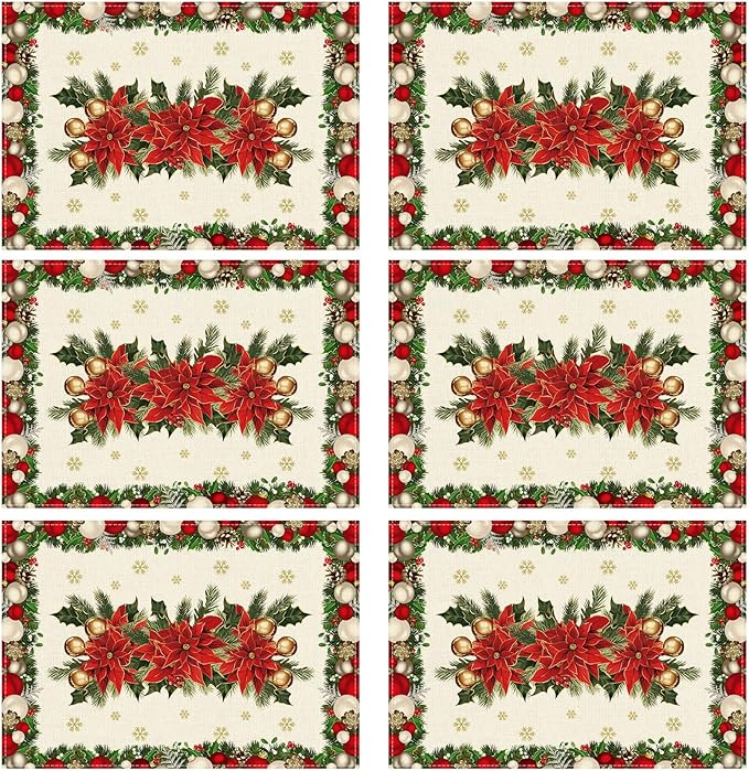 XCHI Christmas Poinsettias Leaves Bells Snowflakes Winter Xmas Placemats Set of 6 Table Mats for Party Home Kitchen Dining Table Decorations 12x18 Inch