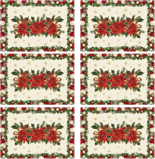 XCHI Christmas Poinsettias Leaves Bells Snowflakes Winter Xmas Placemats Set of 6 Table Mats for Party Home Kitchen Dining Table Decorations 12x18 Inch