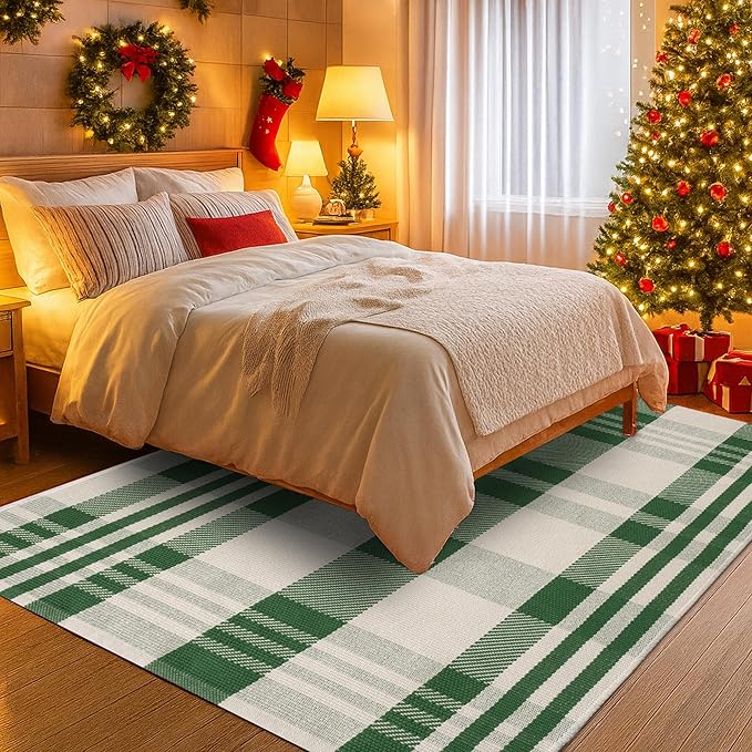 Christmas Green & White Check Rug - 4' x 6' Outdoor Front Door Decor Mat Cotton Washable Hand-Woven Rug Christmas New Year Holiday Porch Entryway Layered Doormat