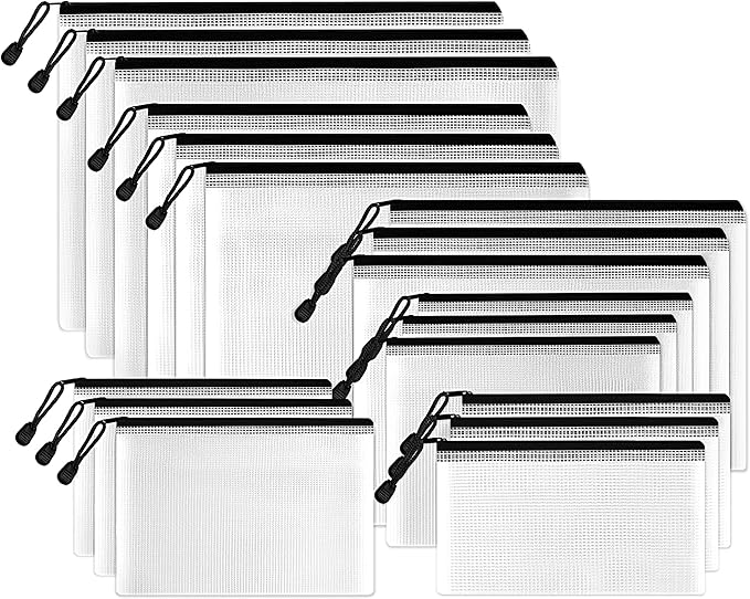 SUNEE Multisize Plastic Zipper Pouches (Black, 18 Packs), Water-Resistant Zip Bag for School Office Supplies, Puzzles & Games Organizing Storage