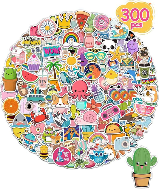300 Pcs Stickers for Kids, Cute Water Bottle Vinyl Waterproof Laptop Stickers for Students Gifts School Supplies Classroom Teacher Prizes Stocking Stuffers Sticker Pack for Kids Girls Teens