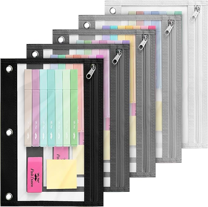 Mr. Pen- 5 Pack Pencil Pouches with Clear Window, Zipper Pouch for 3 Ring Binder