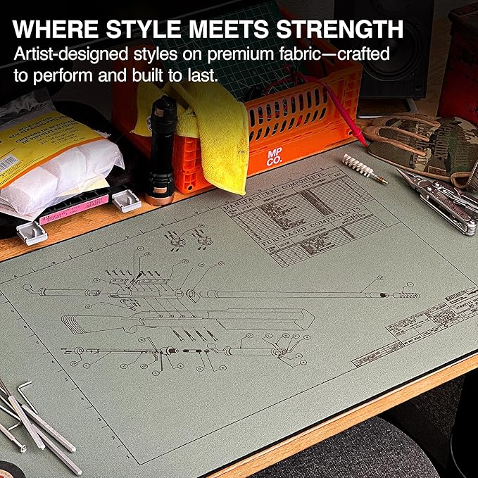 MPCO. Blueprints Large Gaming Desk Pad - 36" x 17" Aeroglyde Fabric Browning 50 Cal – Green Desk Mats - Non-Slip, Washable, Smooth Glide for Precision Gaming & Work
