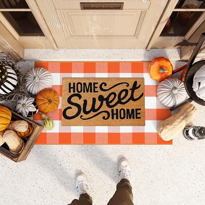 KIMODE Halloween Door Mat Outdoor 27.5"x43", Fall Decor Buffalo Plaid Outdoor Rug,Farmhouse Checkered Layered Welcome Door Mat for Entryway,Halloween Front Porch Decor,Orange and White