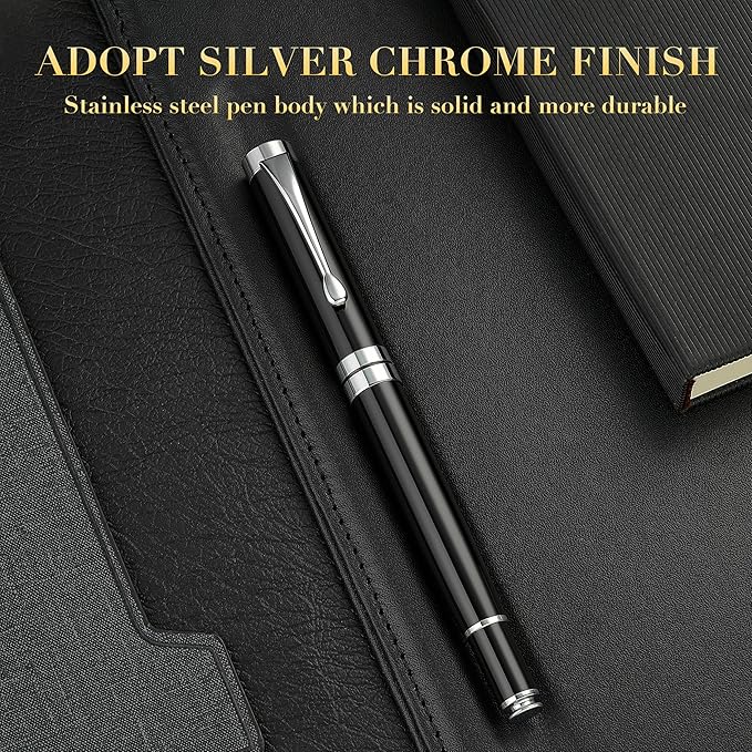 BEILUNER Ballpoint Pens, Stunning Black Chrome Ballpoint Pen with Silver Trim, Best Ball Pen Gift Set for Men & Women, Professional, Executive, Office, Fancy Pen-Gift Box With 0.5mm Extra Black Refill