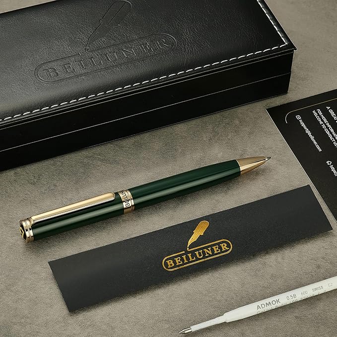 BEILUNER Luxury Gel Pen with 24K Gold Finish, Green Piano Lacquer, Luxury Grade Craftsmanship, Fancy Pen Gift Set for Men and Women, Graduation Gift, Executive, Office, Retractable, Nice Pen Set
