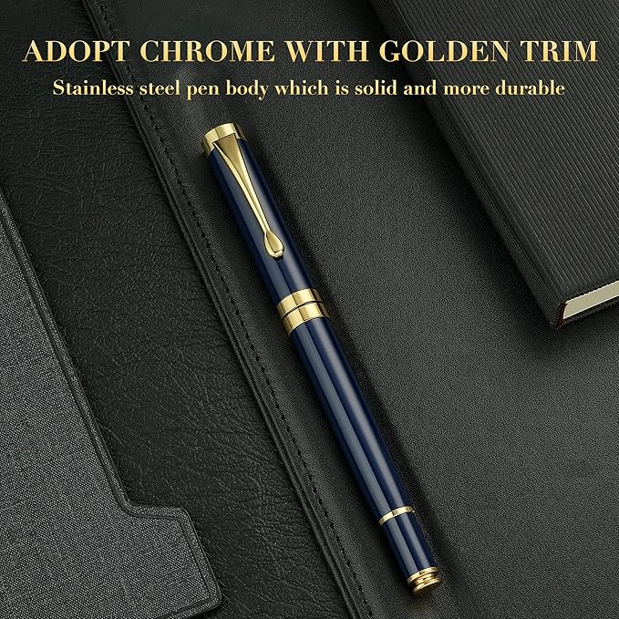 BEILUNER Ballpoint Pens, Stunning Blue Chrome Metal Pen with Golden Trim, Best Ball Pen Gift Set for Men & Women, Professional, Executive, Office,Fancy Pens-Gift Box with 0.5mm Black Extra Refill