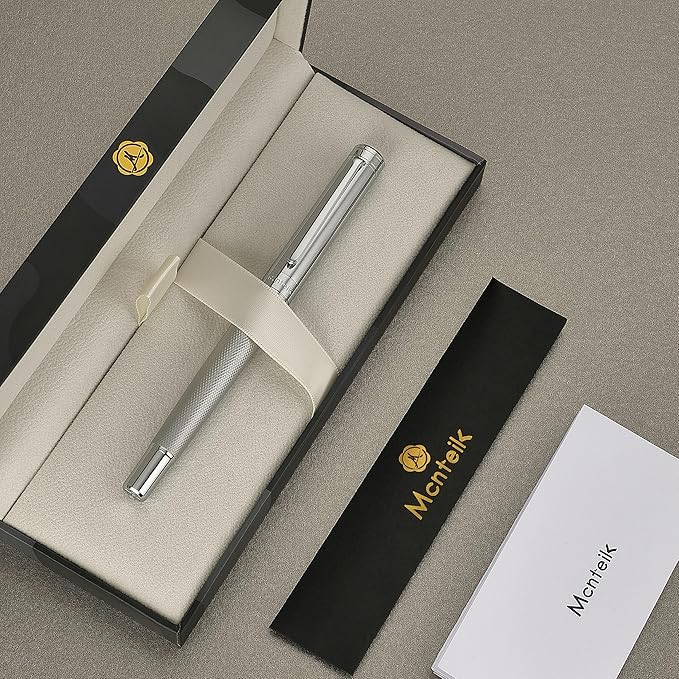 Silver Rollerball Pen, Stunning Luxury Pen with Mesh Texture Design, Bright Silver Chrome Finish, Schmidt refill, Nice Gift Set for Men & Women, Executive, Office, Graduation, Fancy Pens