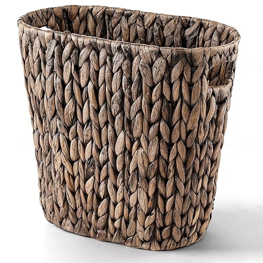 4 Gallons Wicker Waste Basket For Bathroom - Water Hyacinth Wicker Trash Can – Kitchen, Home Bathroom Garbage Can, Oval Magazine Basket - Desk Trash Can, Office Garbage Can with Handles (Black)