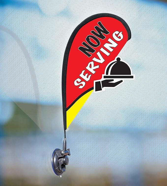 Indoor Outdoor Double Sided Window Flag for Business Sign Drive Thru, Delivery, Pick Up, Essential Business and We are Open Small 3D Flag Kit for Small Business (Serving)