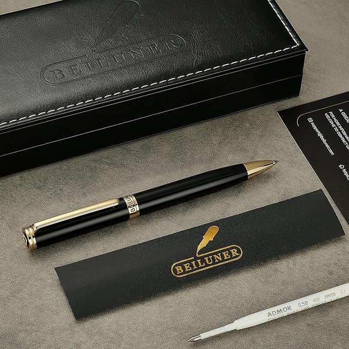 BEILUNER Luxury Personalized Gel Pen with 24K Gold Finish, Black Piano Lacquer, Luxury Grade Craftsmanship, Best Pen Gift Set for Men and Women, Professional, Executive, Office, Retractable Nice Pens