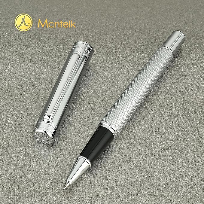 Silver Rollerball Pen, Stunning Luxury Pen with Mesh Texture Design, Bright Silver Chrome Finish, Schmidt refill, Nice Gift Set for Men & Women, Executive, Office, Graduation, Fancy Pens