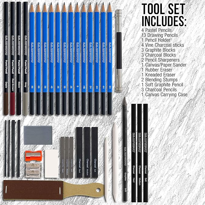 U.S. Art Supply 44-Piece Drawing & Sketching Art Set with 4 Sketch Pads (242 Paper Sheets) - Professional Artist Kit, Graphite, Charcoal, Pastel Pencils & Sticks, Erasers - Pop-Up Carry Case, Student