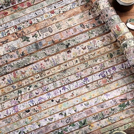 42 Rolls Vintage Washi Tape Set, Delicate Butterfly & Lush Floral Botanical Themed Writable Decorative Tapes with Retro Elements for Scrapbooking, Junk Journal Supplies, Bullet Journaling 5-25mm Wide