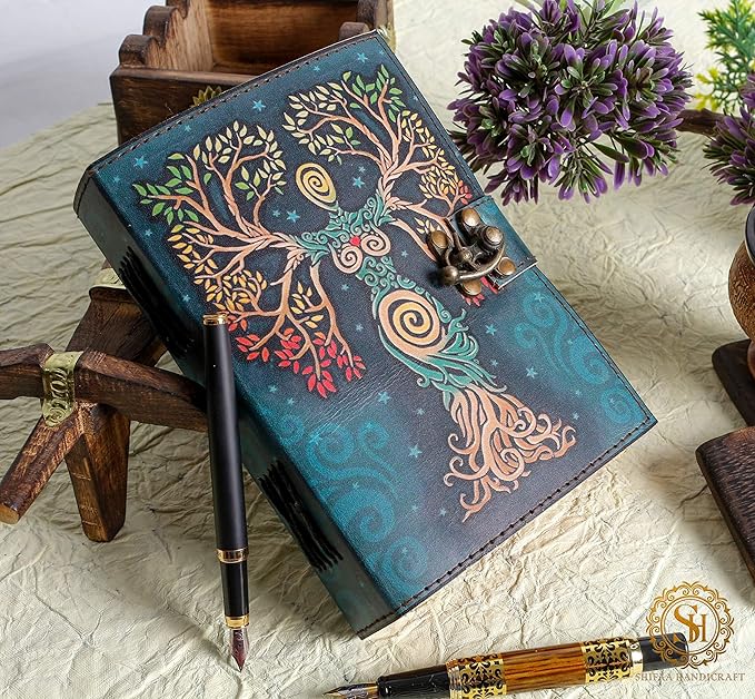 SH SHIFAA HANDICRAFT Blank Spell Book Of Shadows Journal With Lock Clasp Prop Vintage Handmade Leather Diary Embossed Prayer Pagan Antique Witchcraft Supplies Wiccan Notebook Daily (13x10)