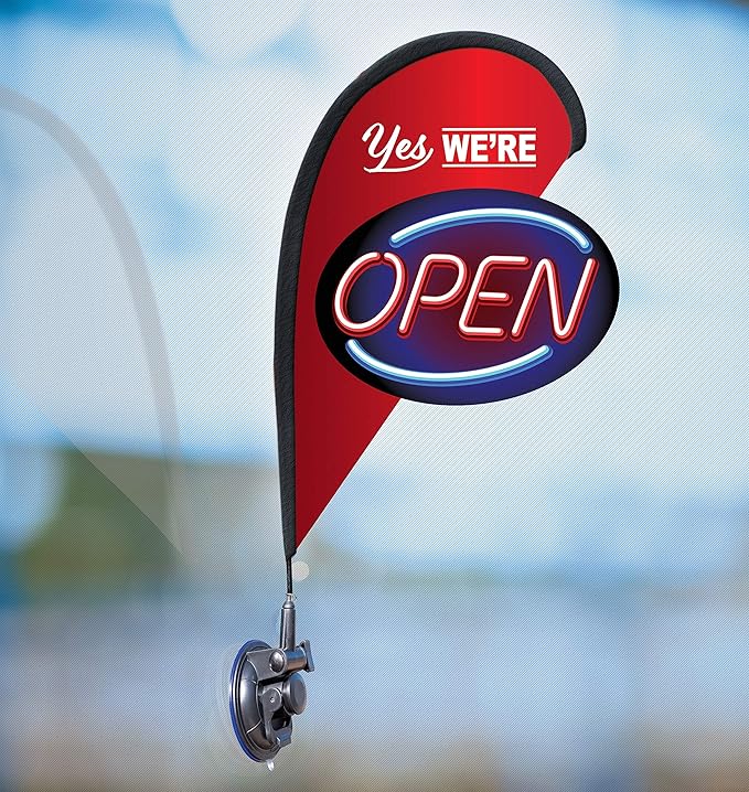 CarBowz Indoor/Outdoor Double Sided Window Flag for Business Sign, Drive Thru, Delivery, Pick Up, Essential Business and We Are Open, Small 3D Flag Kit (Open)