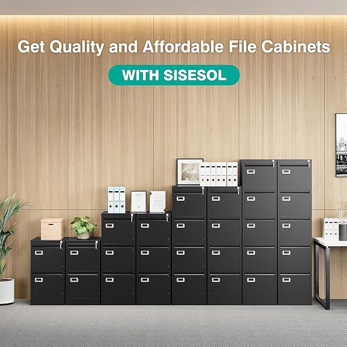 SISESOL 3 Drawer File Cabinet with Lock and Tag,Narrow Three Drawer Filing Cabinet,Vertical Metal File Cabinets,Small Black Filing Cabinets for Home Office Fit Letter/A4/Legal Size File,Easy Assembly