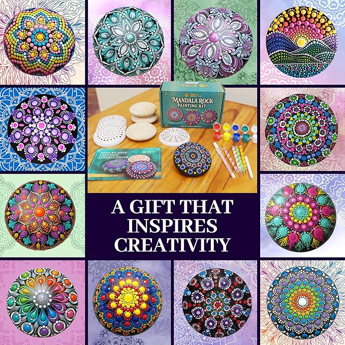 Mandala Rock Painting Kit – Mandala Dotting Tools Set - 5 Large Wooden Rocks + 6 Stencils + Acrylic Paints - Relaxing Arts and Crafts for Adults Women - DIY Hobbies Art and Projects Dot Art Kit