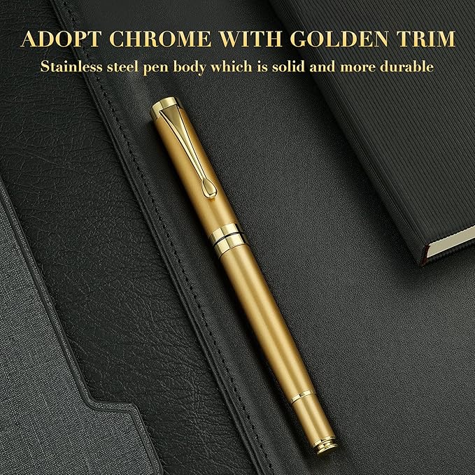 BEILUNER Ballpoint Pens, Stainless Steel with Chrome Trim, Luxury Golden Metal Pen Set, Best Ball Pen Gift Set for Men & Women, Professional, Executive, Office, Fancy Pens-Nice Box with Extra Refill