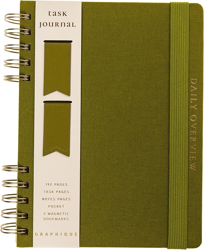 Daily Task Journal by Graphique Luxe Collection, Fabric-Wrapped Hardcover Spiral Notebook for Planning & Writing, Priority List Planner with Magnetic Bookmarks & Gold Foil Embossing,192 Pages, 6” x 8”, Olive Green