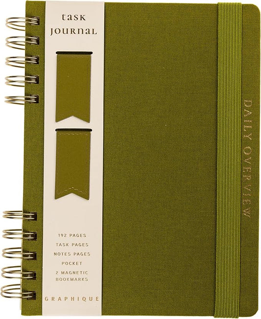 Daily Task Journal by Graphique Luxe Collection, Fabric-Wrapped Hardcover Spiral Notebook for Planning & Writing, Priority List Planner with Magnetic Bookmarks & Gold Foil Embossing,192 Pages, 6” x 8”, Olive Green